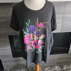 Old Navy Everywear XXL Floral Graphic T-Shirt Charcoal Pink Purple Tee